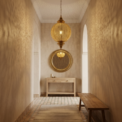 Brass Pendant Light – Moroccan Filigree Openwork Shadow-Casting