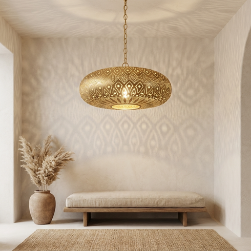 Authentic Handmade Moroccan Lamp – Gold Brass Pendant Chandelier with Intricate Filigree Shadow Casting for Dining Room Decor