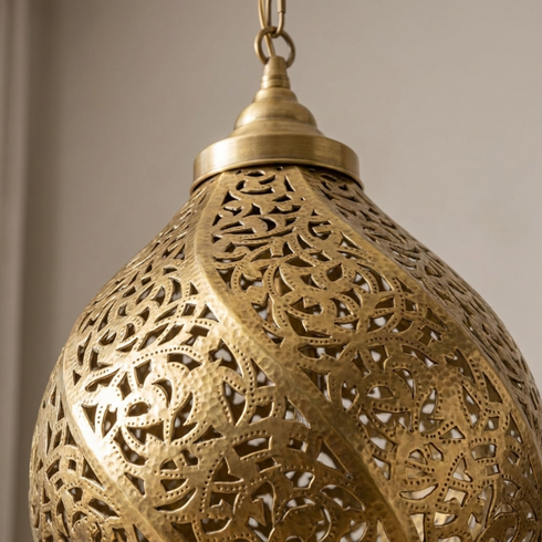 Authentic Handmade Moroccan Lamp – Gold Brass Teardrop Pendant with Intricate Shadow Casting Boho Design