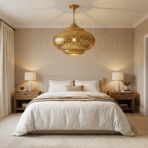 Filigree Brass Moroccan Chandelier Shadow-Casting