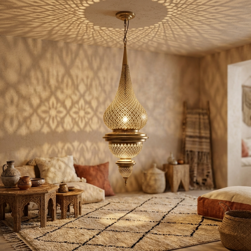 Authentic Teardrop Moroccan Hanging Lamp – Gold Brass Pendant Light with Intricate Filigree Shadow Casting for Living Room Decor