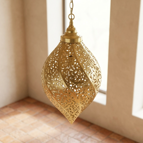 Authentic Handmade Moroccan Lamp – Gold Brass Teardrop Pendant with Intricate Shadow Casting Boho Design