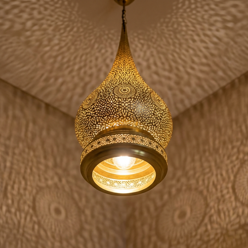Handmade Moroccan Lamp - Gold Brass Pendant - Living Room Lamp