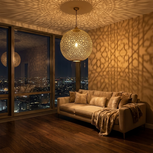 Authentic Handmade Moroccan Lamp – Gold Brass Globe Pendant Light for Elegant Living Room Statement Lighting