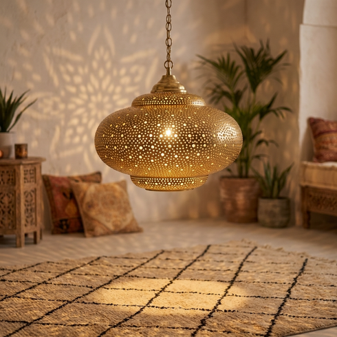 Filigree Brass Moroccan Chandelier Shadow-Casting