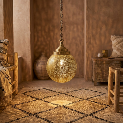 Authentic Solid Brass Globe Lamp – Hand-Hammered Moroccan Hanging Pendant Light with Intricate Filigree Design