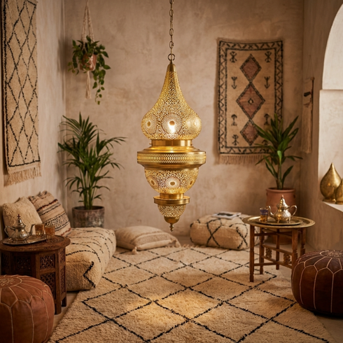 Authentic Moroccan Lighting – Gold Brass Pendant Lamp with Hand-Hammered Filigree Design for Living Room Decor