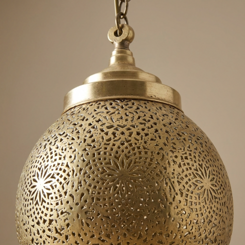 Authentic Solid Brass Globe Lamp – Hand-Hammered Moroccan Hanging Pendant Light with Intricate Filigree Design