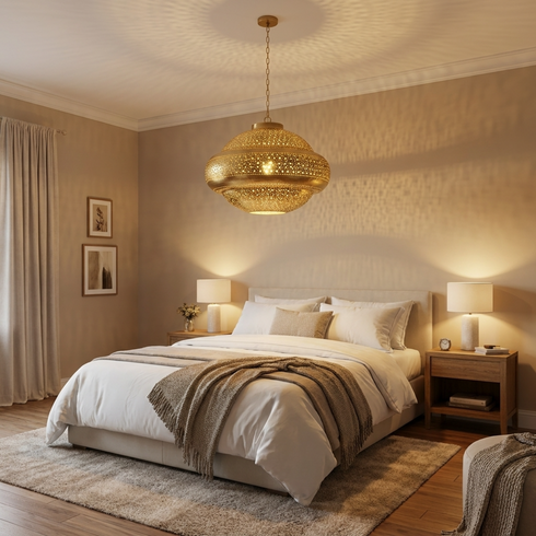 Moroccan Pendant Light – Filigree Brass Shadow-Casting Lamp