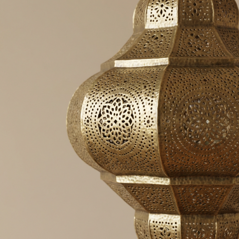 Handmade Moroccan Hanging Lamp - Gold Brass Finish - Intricate Shadow Casting