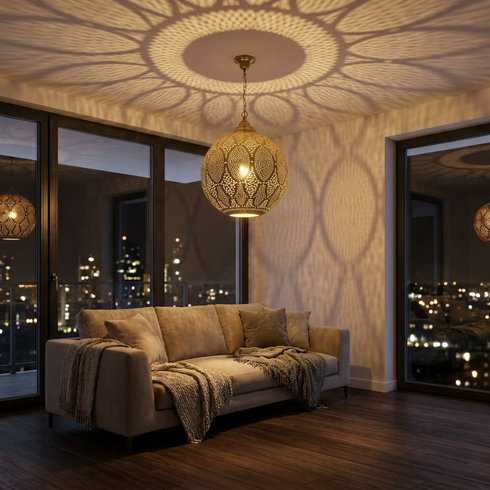 Authentic Moroccan Hanging Lamp – Hand-Hammered Brass Globe Pendant Light for Boho Bedroom Mood Lighting