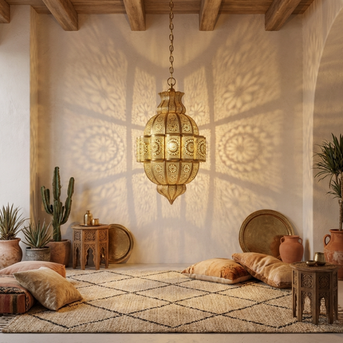 Filigree Moroccan Chandelier – Brass Openwork Lamp Statement Light