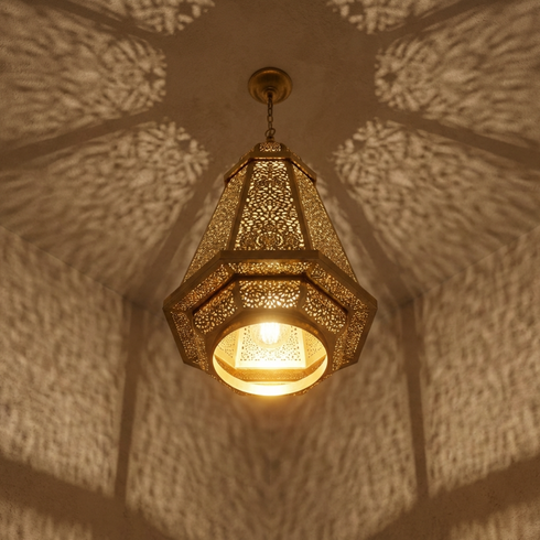 Authentic Moroccan Hanging Lamp - Gold Hand-Hammered Brass - Entryway Lantern