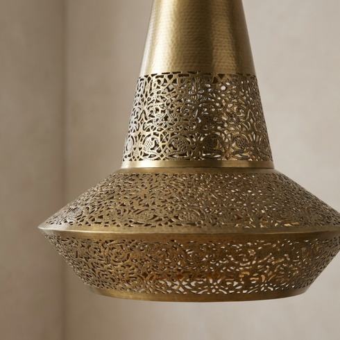 Authentic Handmade Moroccan Lamp – Oxidized Brass Teardrop Chandelier with Intricate Filigree Design for Dining Room Decor