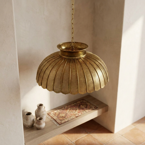 Authentic Handmade Moroccan Lamp – Gold Brass Dining Room Chandelier with Intricate Perforated Shadow Casting Design