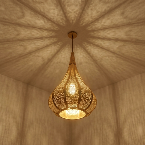 Authentic Moroccan Teardrop Hanging Lamp – Gold Brass Pendant Light with Artistic Shadow Casting Pattern