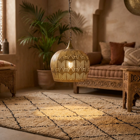 Handmade Moroccan Lamp - Gold Brass Pendant - Boho Kitchen Lighting