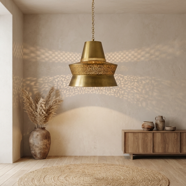 Filigree Moroccan Pendant Light – Brass Openwork Lamp Shadow-Casting