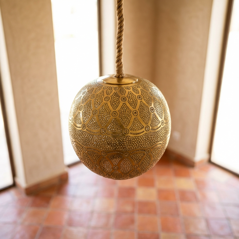 Handmade Moroccan Lamp - Gold Brass Pendant - Boho Bedroom Mood Lighting