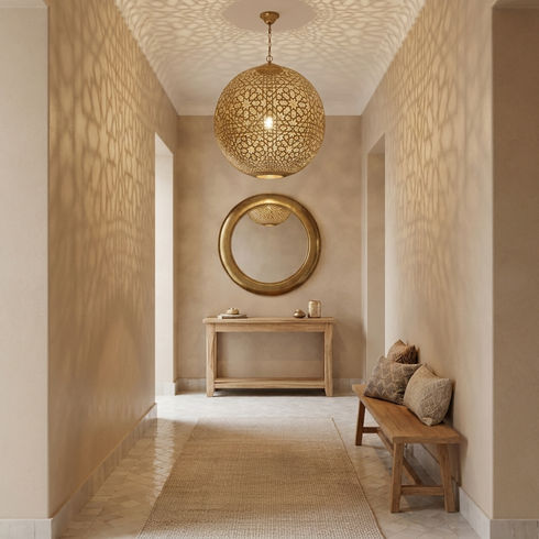 Authentic Handmade Moroccan Lamp – Gold Brass Globe Pendant Light for Elegant Living Room Statement Lighting
