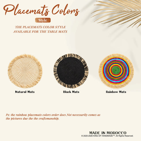 Moroccan fringe placemat color styles: natural, black and rainbow handwoven round table mats