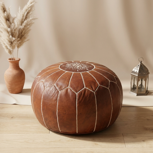 Handmade Moroccan Pouf - Brown Genuine Leather - Boho Chic Floor Seat - Hand-Stitched Embroidery
