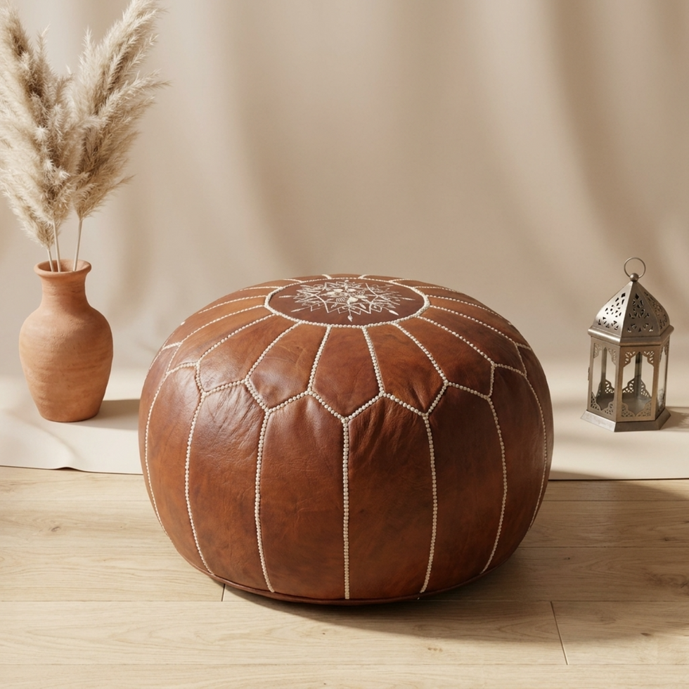 Brown Moroccan Leather Pouf – Round Ottoman Footstool