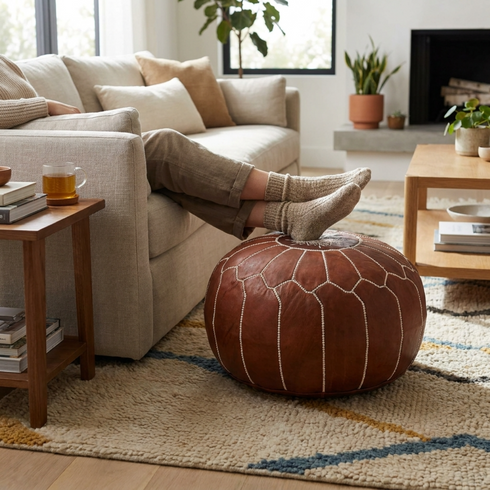 Handmade Moroccan Pouf - Brown Genuine Leather - Boho Chic Floor Seat - Hand-Stitched Embroidery