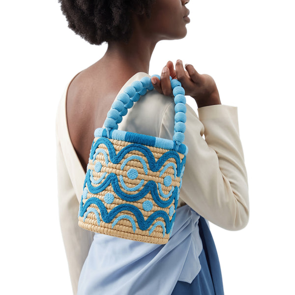 Moroccan Raffia Bucket Bag – Handmade Blue Embroidered Straw Bag