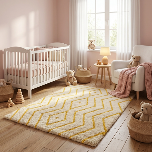 Modern Moroccan Berber Rug – Soft High Pile Wool Rug with Geometric Yellow Pattern
