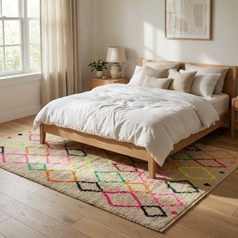 Authentic Handmade Azilal Rug – Plush Shaggy Wool Moroccan Rug with Vibrant Neon Geometric Patterns