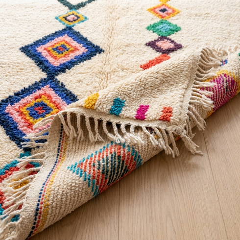 Handmade Azilal Rug - Plush High Pile Wool - Vibrant Geometric Boho Living Room Decor