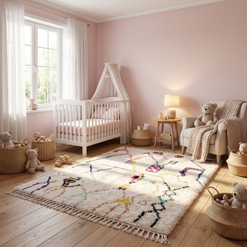 Handmade Moroccan Beni Ourain Rug - Plush Natural Wool - Geometric Symbols