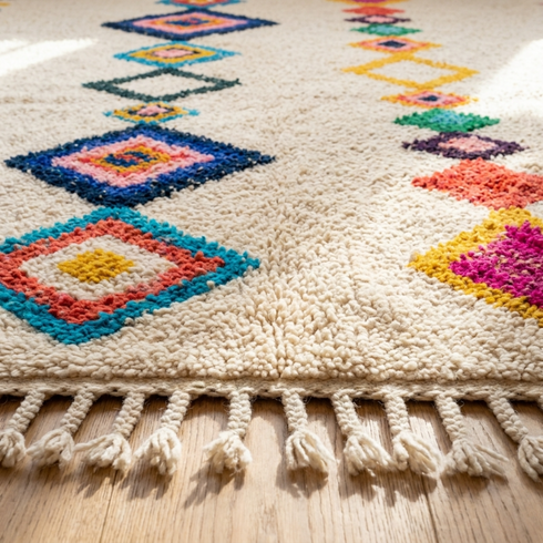 Handmade Azilal Rug - Plush High Pile Wool - Vibrant Geometric Boho Living Room Decor