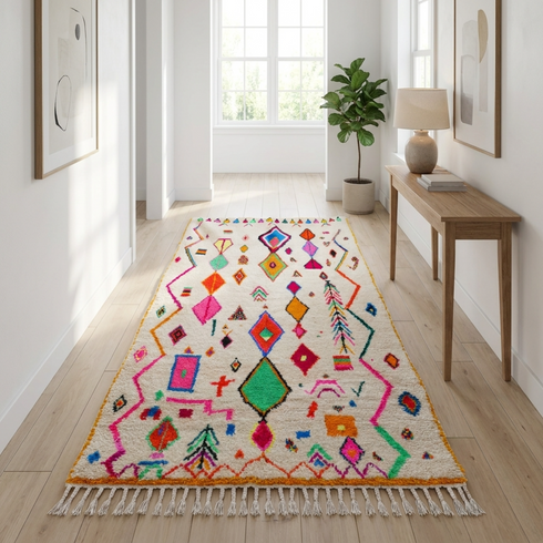 Handmade Azilal Rug - Vibrant Shaggy Wool - Colorful Geometric Boho Area Rug