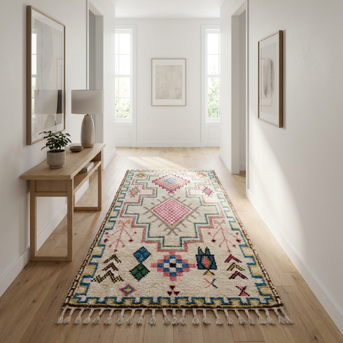 Authentic Handmade Azilal Rug – Natural Wool Moroccan Rug with Vibrant Tribal Geometric Design