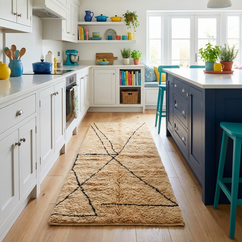 Beni Ourain Rug - High Pile Natural Wool - Abstract Geometric Pattern