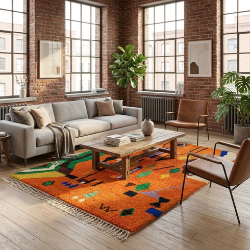 Azilal Rug – Orange Shaggy Striped Wool Rug