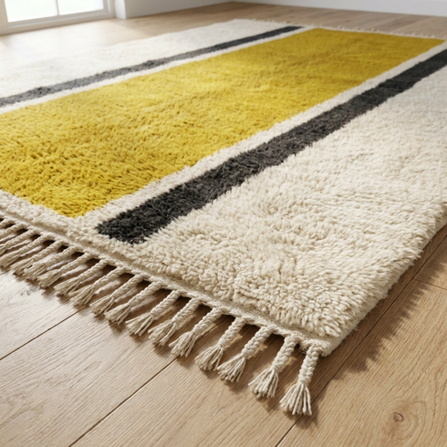 Authentic Moroccan Rug – High Pile Shaggy Wool Area Rug with Modern Mustard Stripe Pattern for Boho Living Room Decor