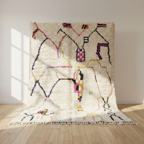 Handmade Moroccan Beni Ourain Rug - Plush Natural Wool - Geometric Symbols