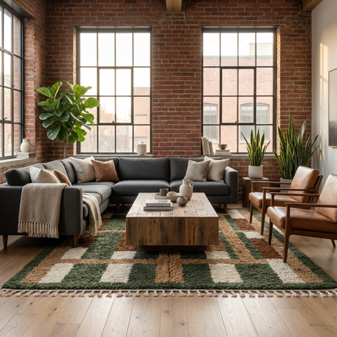Beni Ourain Rug – Green Geometric Wool Area Rug