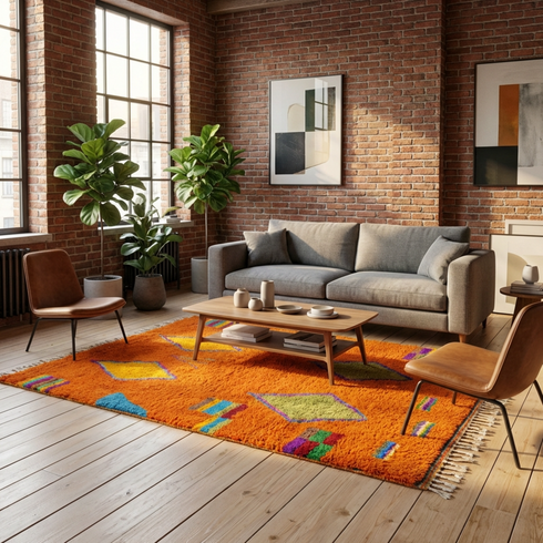 Vibrant Beni Ourain Rug - Bold Orange Geometric Boho Decor