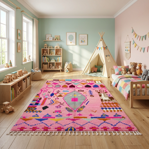 Moroccan Berber Rug – Pink Shaggy Geometric Wool Area Rug