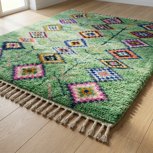 Handmade Azilal Moroccan Rug – Vibrant Shaggy Wool Rug with Sage Green Tribal Diamond Design