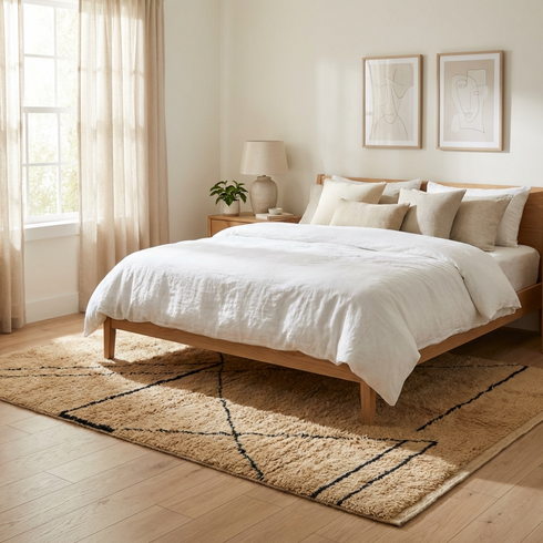 Beni Ourain Rug - High Pile Natural Wool - Abstract Geometric Pattern