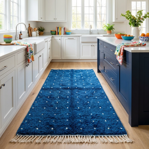 Vibrant Moroccan Rug – Plush Shaggy Wool Rug with Electric Blue & White Polka Dot Pattern