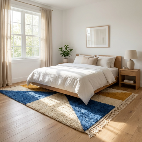 Authentic Moroccan Rug – High Pile Natural Wool Area Rug with Modern Geometric Abstract Pattern for Living Room Decor