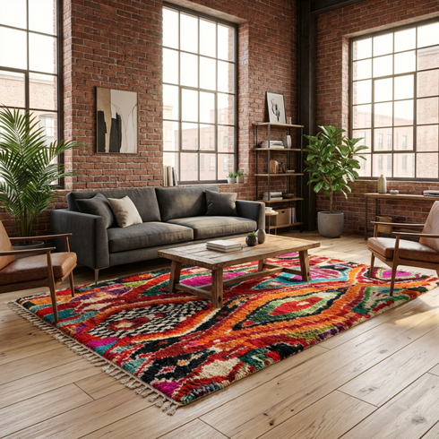 Handmade Colorful Beni Ourain Rug - High Pile Natural Wool