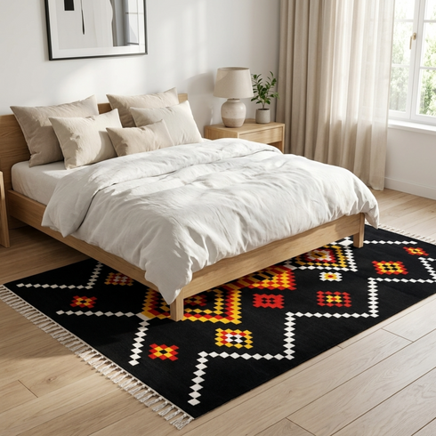 Authentic Handmade Moroccan Rug – Flatweave Wool Rug with Geometric Tribal Design for Boho Living Room Decor