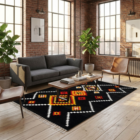 Authentic Handmade Moroccan Rug – Flatweave Wool Rug with Geometric Tribal Design for Boho Living Room Decor